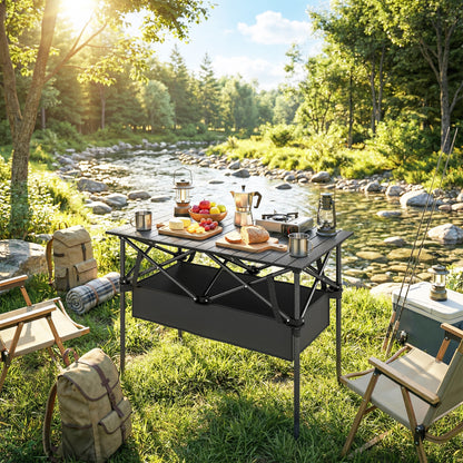 Foldable Camping Table, 36.6 x 21.7 x 26.8 in, Portable Roll-Up Aluminum Top with Storage Net, Metal Frame, Carry Bag, Black