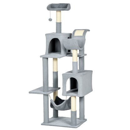Cat Tree with Play Ball, Hammock, Bed, 2 Cottages, and Perches, Particle Board, Plush, and Sisal, 55x49x177 cm, Gray and White