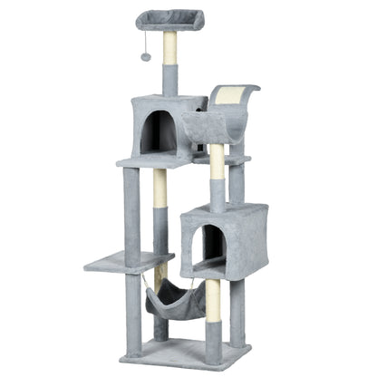 Cat Tree with Play Ball, Hammock, Bed, 2 Cottages, and Perches, Particle Board, Plush, and Sisal, 55x49x177 cm, Gray and White