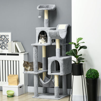 Cat Tree with Play Ball, Hammock, Bed, 2 Cottages, and Perches, Particle Board, Plush, and Sisal, 55x49x177 cm, Gray and White