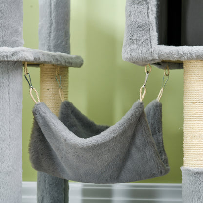 Cat Tree with Play Ball, Hammock, Bed, 2 Cottages, and Perches, Particle Board, Plush, and Sisal, 55x49x177 cm, Gray and White