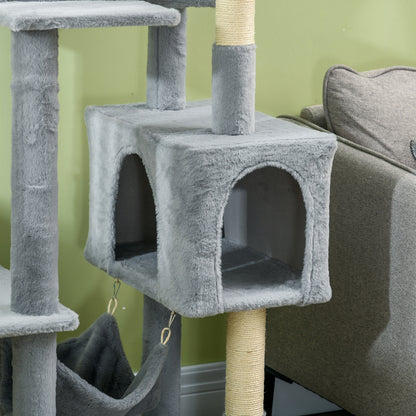 Cat Tree with Play Ball, Hammock, Bed, 2 Cottages, and Perches, Particle Board, Plush, and Sisal, 55x49x177 cm, Gray and White