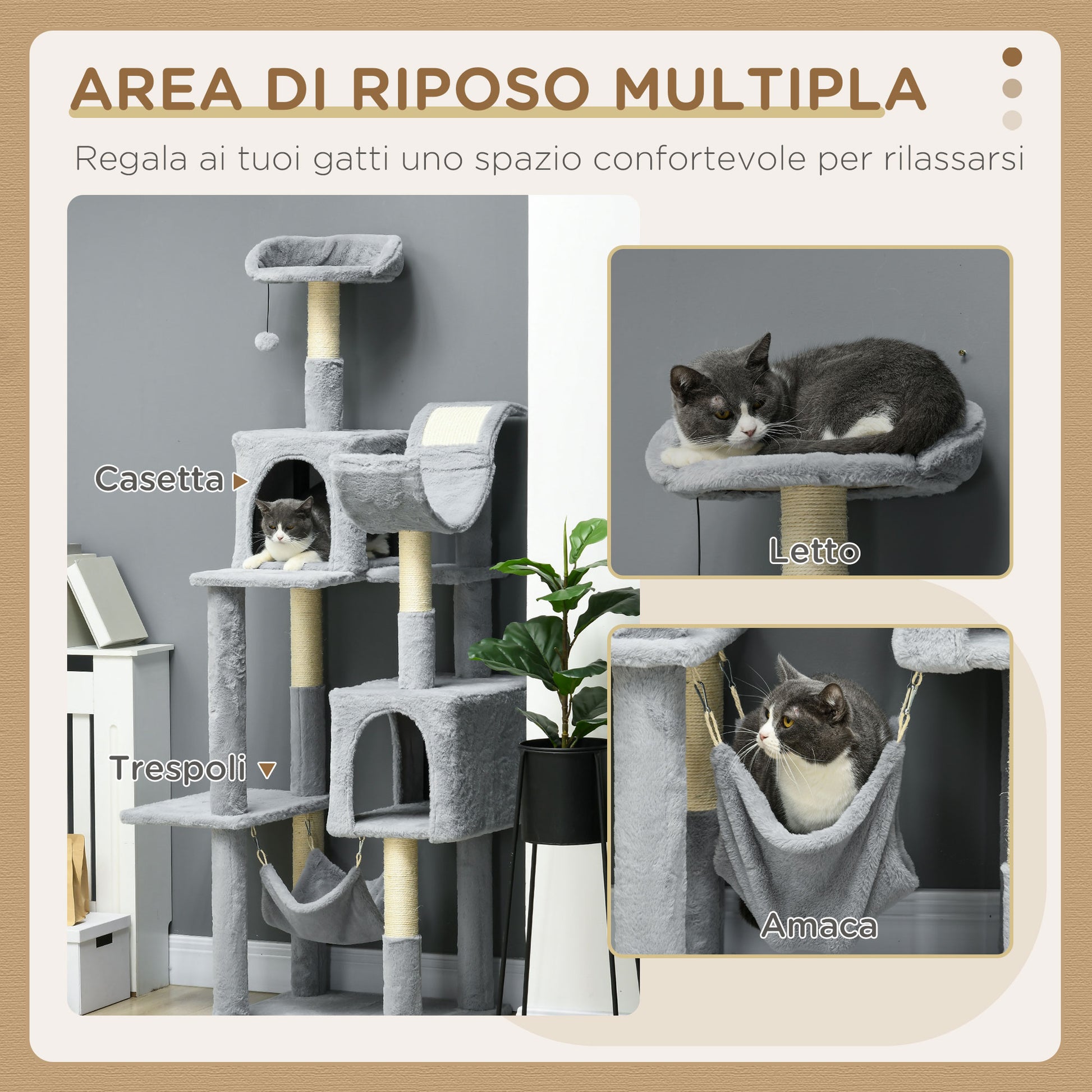 Cat Tree with Play Ball, Hammock, Bed, 2 Cottages, and Perches, Particle Board, Plush, and Sisal, 55x49x177 cm, Gray and White