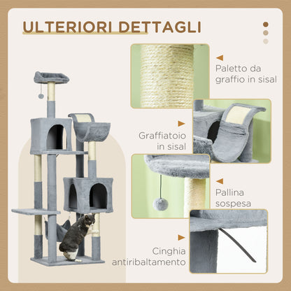 Cat Tree with Play Ball, Hammock, Bed, 2 Cottages, and Perches, Particle Board, Plush, and Sisal, 55x49x177 cm, Gray and White