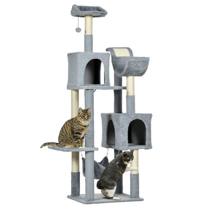 Cat Tree with Play Ball, Hammock, Bed, 2 Cottages, and Perches, Particle Board, Plush, and Sisal, 55x49x177 cm, Gray and White