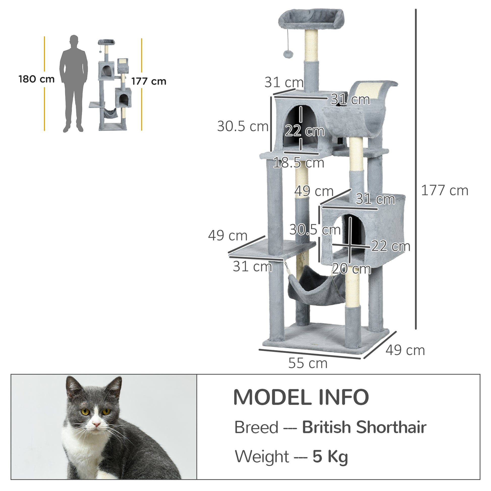 Cat Tree with Play Ball, Hammock, Bed, 2 Cottages, and Perches, Particle Board, Plush, and Sisal, 55x49x177 cm, Gray and White