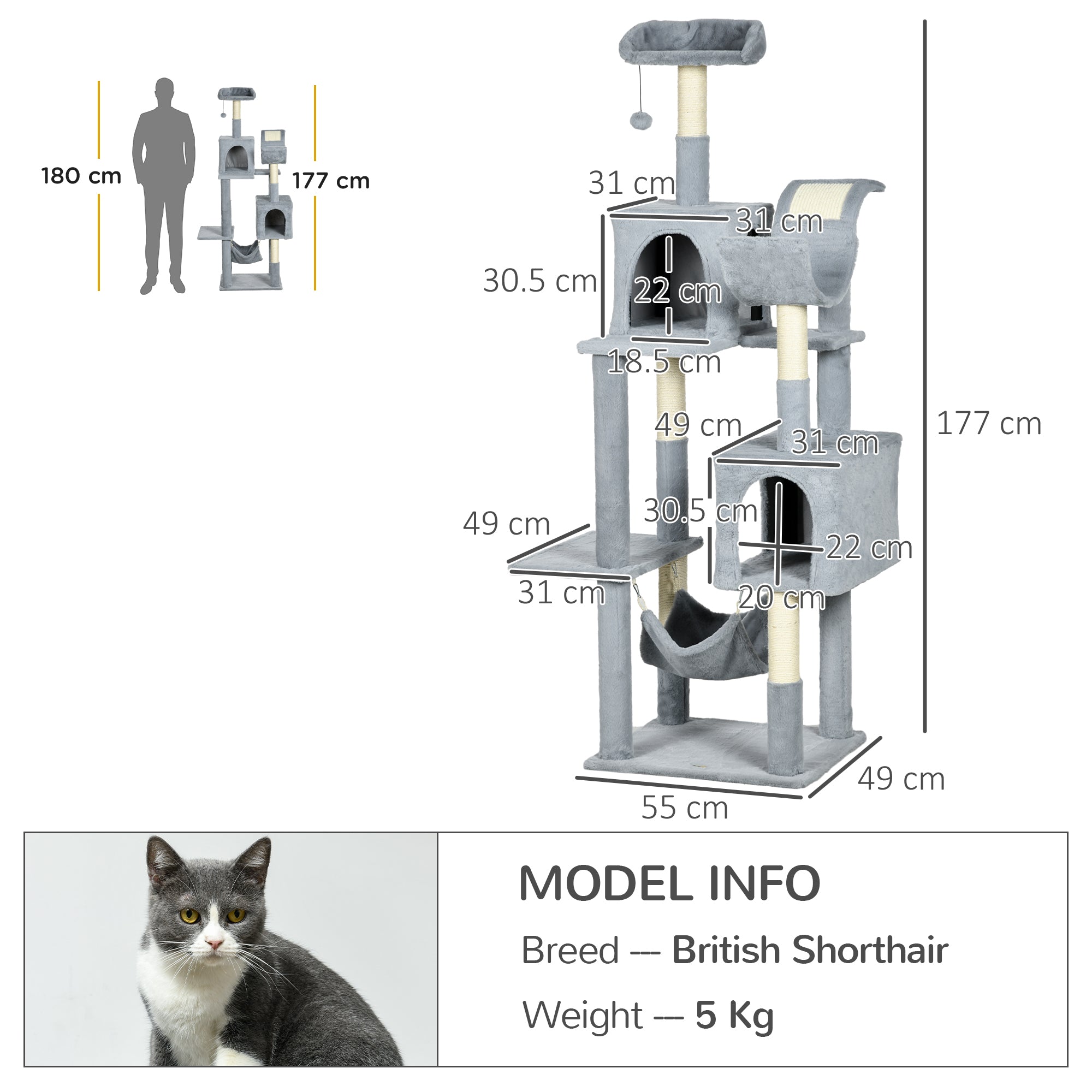 Cat Tree with Play Ball, Hammock, Bed, 2 Cottages, and Perches, Particle Board, Plush, and Sisal, 55x49x177 cm, Gray and White