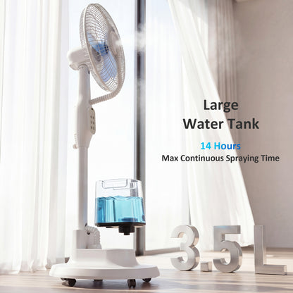 90W Silent Misting Pedestal Fan, 50.4 in Stand, 70° Oscillation, 3 Speeds & 3 Modes, 3.5L Tank, Remote, 8-Hour Timer, for Home & Office, White