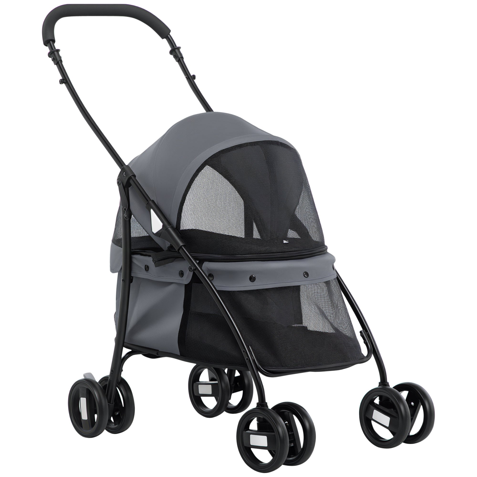 Foldable Pet Stroller for Small Dogs with Mesh Windows Washable Cushion Safety Straps and Steel Frame Load 15 kg Gray