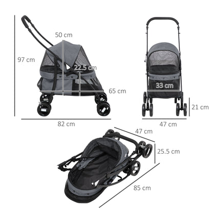 Foldable Pet Stroller for Small Dogs with Mesh Windows Washable Cushion Safety Straps and Steel Frame Load 15 kg Gray