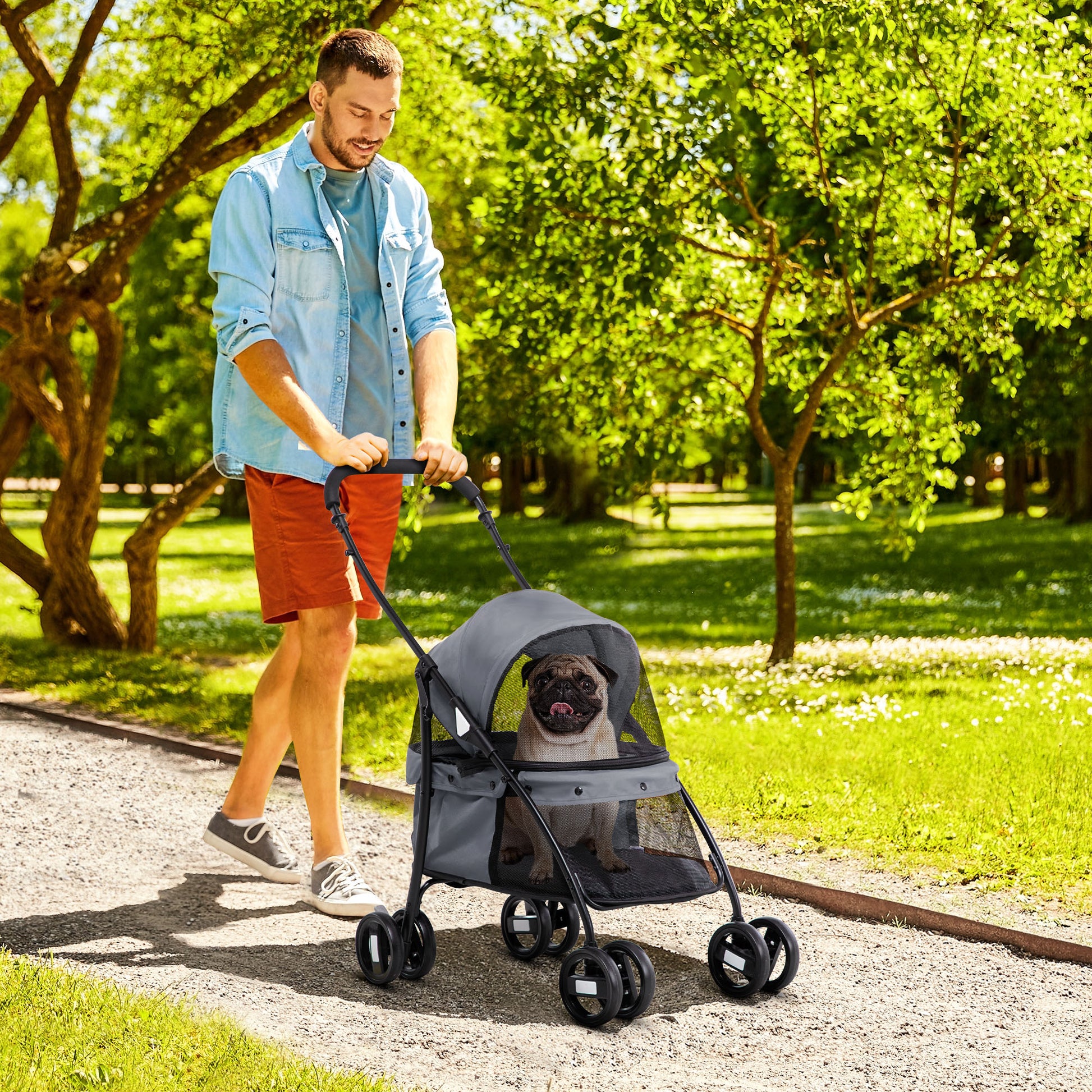 Foldable Pet Stroller for Small Dogs with Mesh Windows Washable Cushion Safety Straps and Steel Frame Load 15 kg Gray
