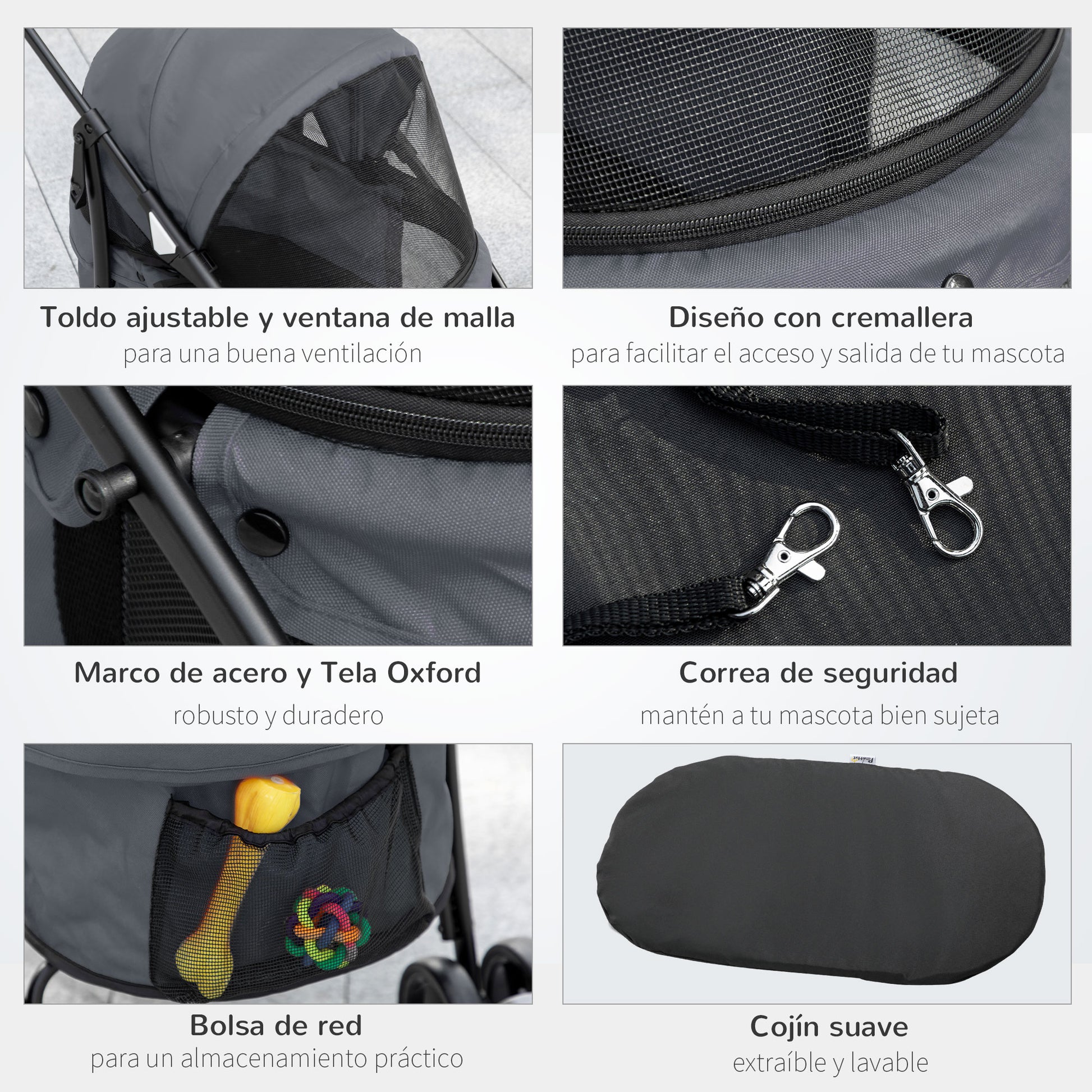 Foldable Pet Stroller for Small Dogs with Mesh Windows Washable Cushion Safety Straps and Steel Frame Load 15 kg Gray