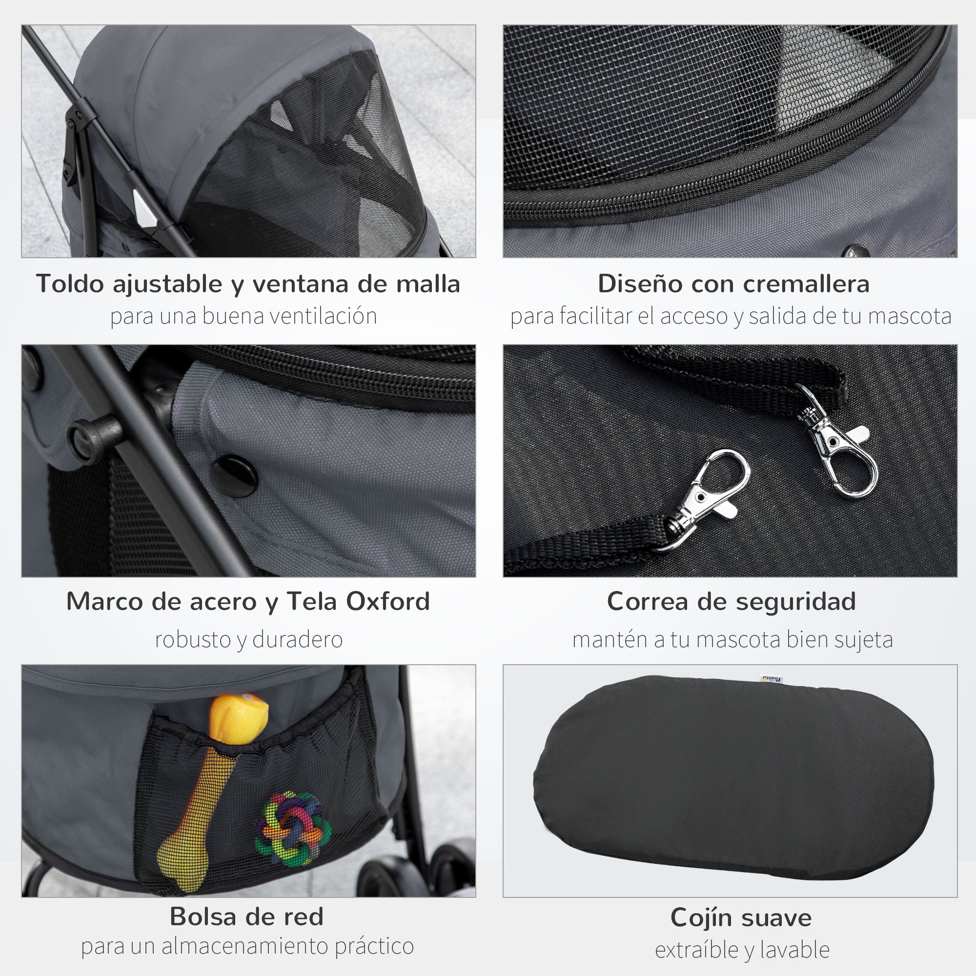 Foldable Pet Stroller for Small Dogs with Mesh Windows Washable Cushion Safety Straps and Steel Frame Load 15 kg Gray