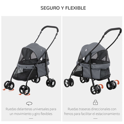 Foldable Pet Stroller for Small Dogs with Mesh Windows Washable Cushion Safety Straps and Steel Frame Load 15 kg Gray