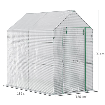 Garden Greenhouse with 4 Shelves Roll-Up Door PE Cover 140g/m² and Steel Frame for Crops Plants Pots Flowers 120x186x190 cm White