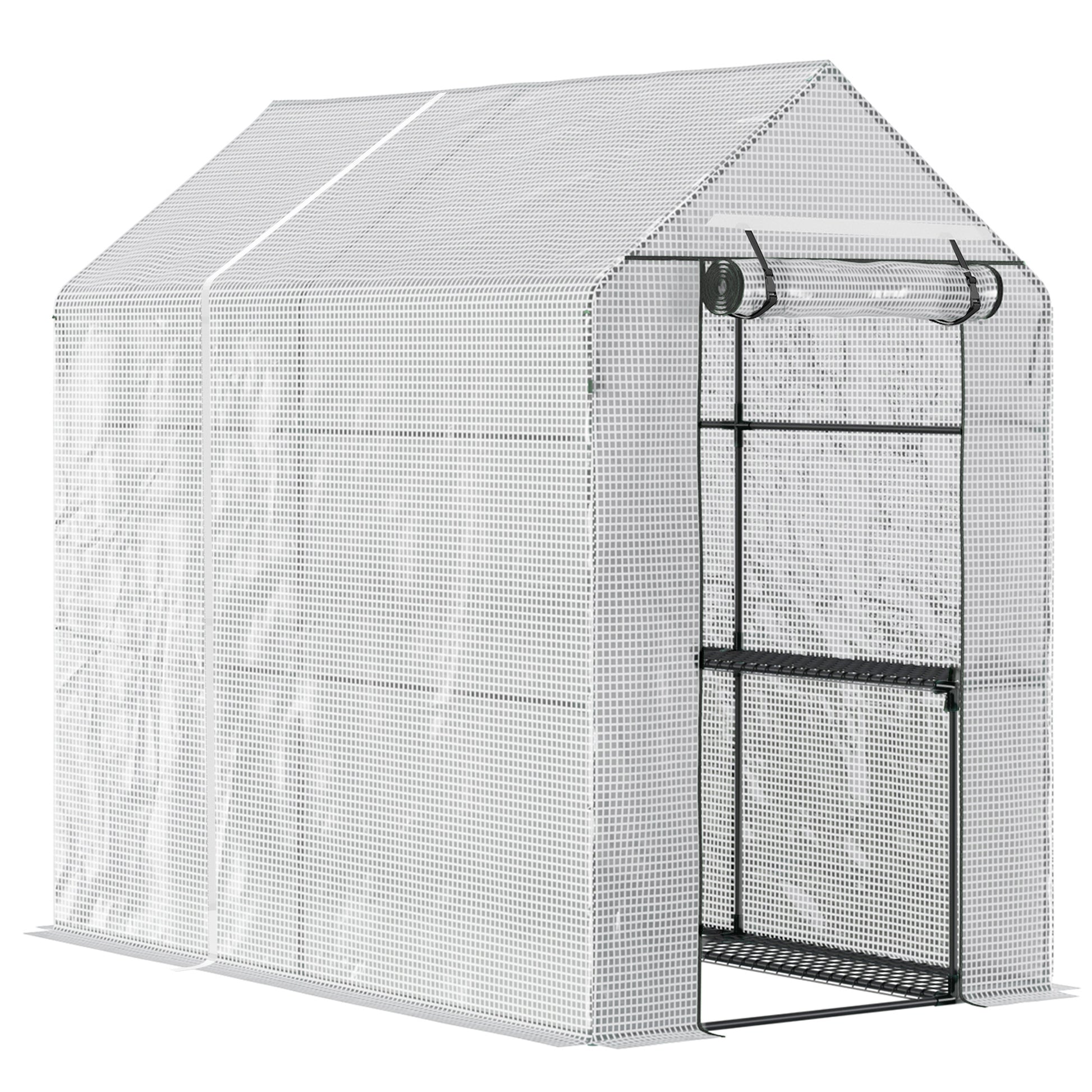 Garden Greenhouse with 4 Shelves Roll-Up Door PE Cover 140g/m² and Steel Frame for Crops Plants Pots Flowers 120x186x190 cm White