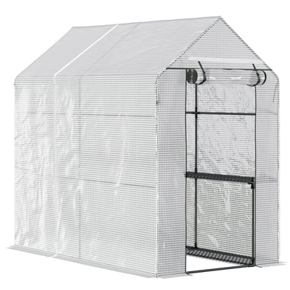 Garden Greenhouse with 4 Shelves Roll-Up Door PE Cover 140g/m² and Steel Frame for Crops Plants Pots Flowers 120x186x190 cm White