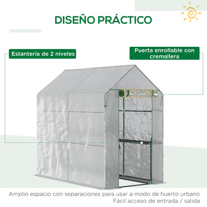 Garden Greenhouse with 4 Shelves Roll-Up Door PE Cover 140g/m² and Steel Frame for Crops Plants Pots Flowers 120x186x190 cm White