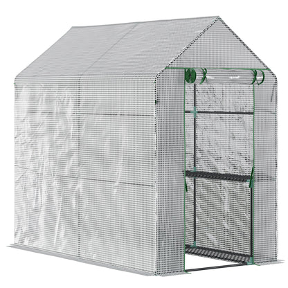 Garden Greenhouse with 4 Shelves Roll-Up Door PE Cover 140g/m² and Steel Frame for Crops Plants Pots Flowers 120x186x190 cm White