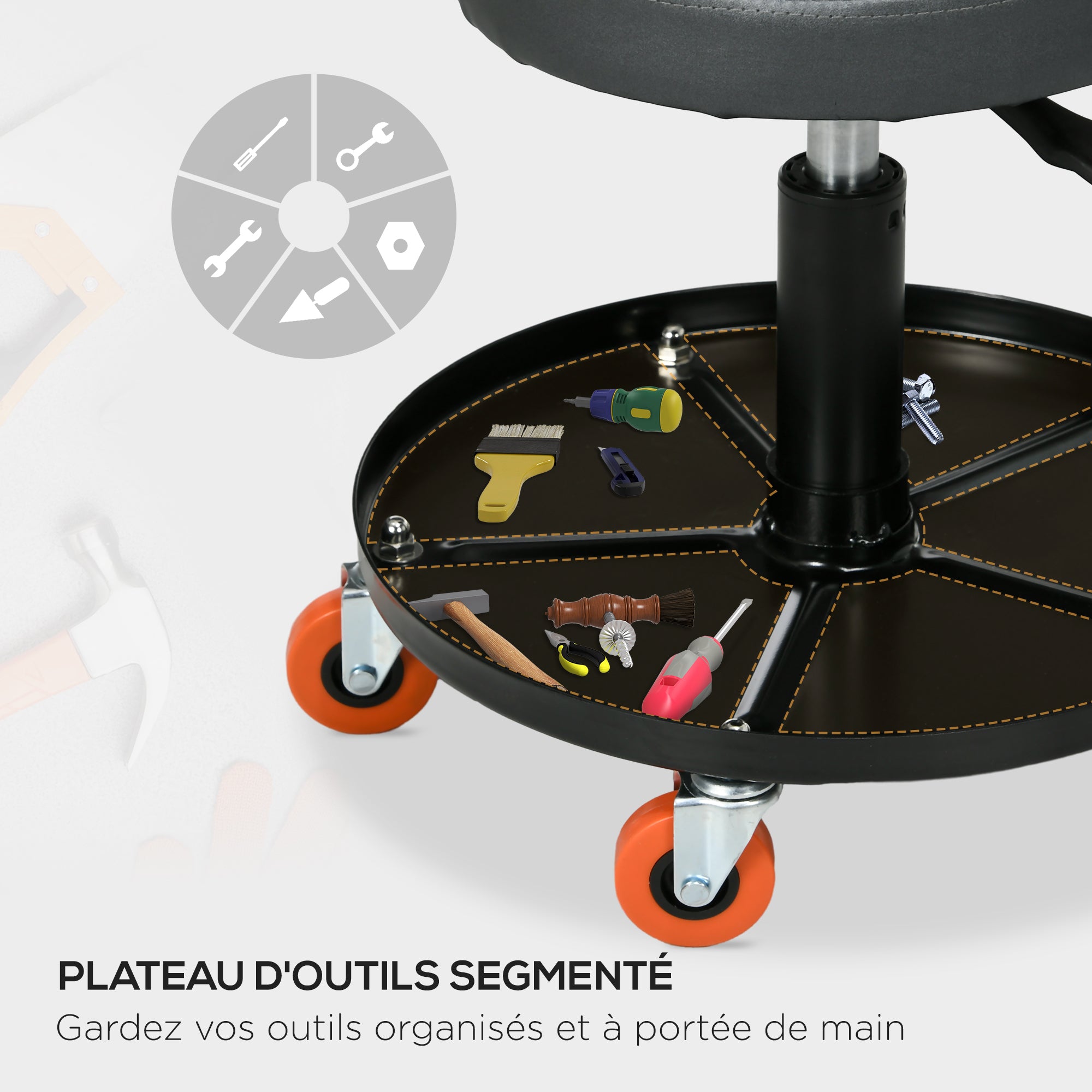 Mechanic Stool, Workshop Servant, Swivel Seat, Adjustable Height, Rolling Workshop Stool with 100kg Tray for Garage and Automotive Repair, Black