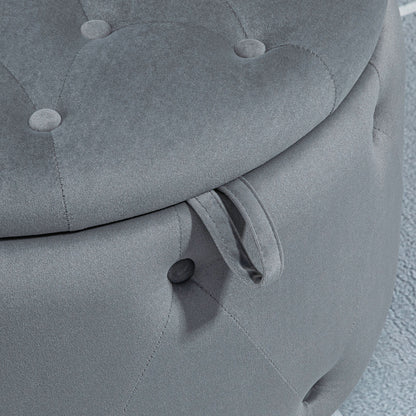 Storage Ottoman, Padded Footrest with Lid, Round Pouf, Ottoman with Velvet-like Cover, Buttons for Living Room, Gray, Ø60 x 40 cm