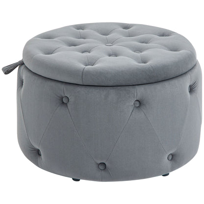 Storage Ottoman, Padded Footrest with Lid, Round Pouf, Ottoman with Velvet-like Cover, Buttons for Living Room, Gray, Ø60 x 40 cm