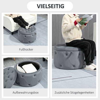 Storage Ottoman, Padded Footrest with Lid, Round Pouf, Ottoman with Velvet-like Cover, Buttons for Living Room, Gray, Ø60 x 40 cm