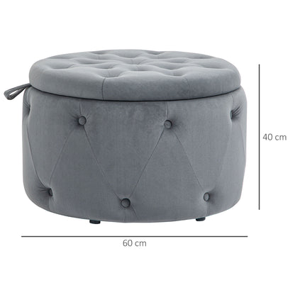 Storage Ottoman, Padded Footrest with Lid, Round Pouf, Ottoman with Velvet-like Cover, Buttons for Living Room, Gray, Ø60 x 40 cm