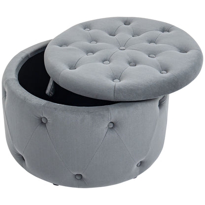 Storage Ottoman, Padded Footrest with Lid, Round Pouf, Ottoman with Velvet-like Cover, Buttons for Living Room, Gray, Ø60 x 40 cm