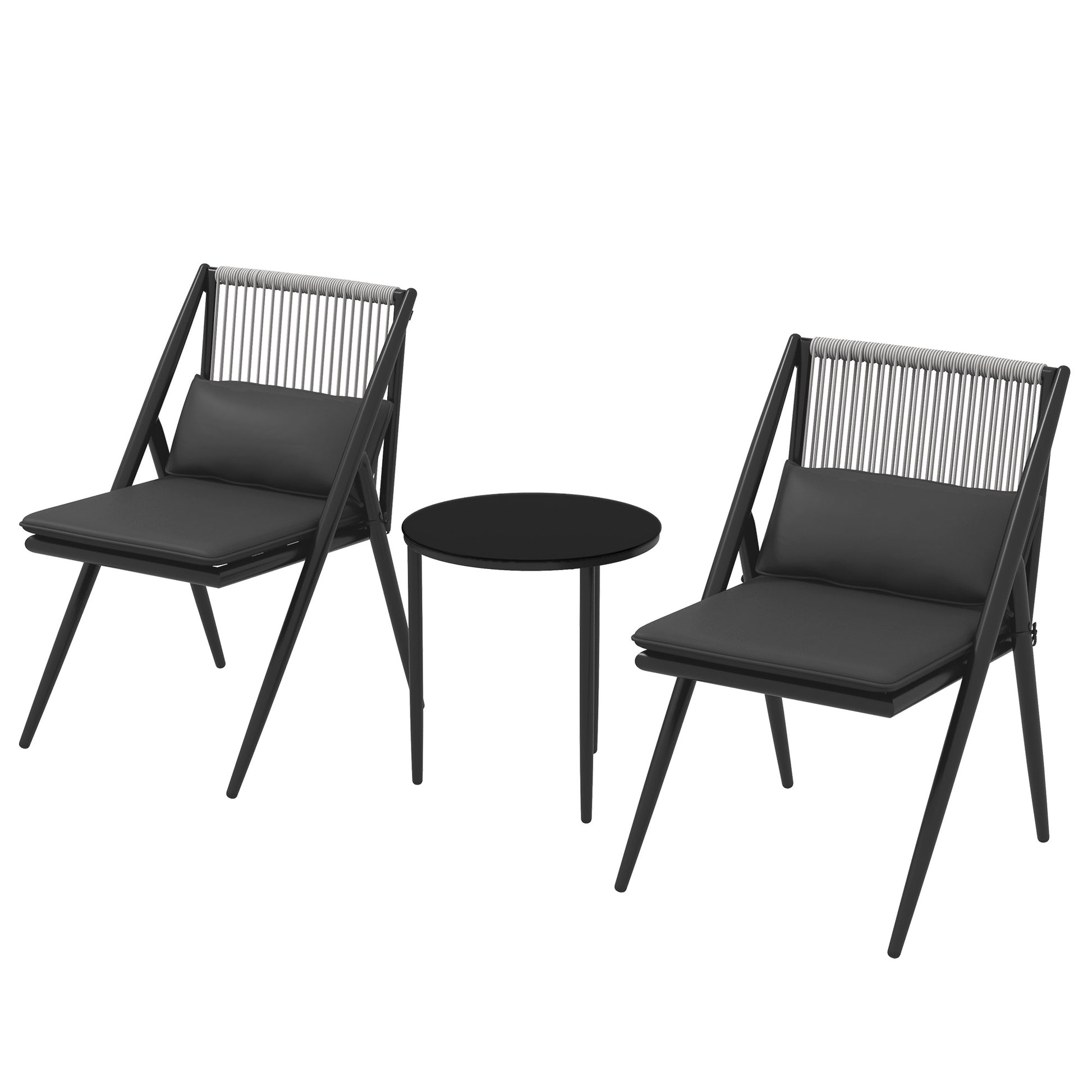 Garden Bistro Set, 3-Piece Bistro Set 2 Chairs with Cushions + Round Coffee Table with Tempered Glass Top Grey Aluminum Frame