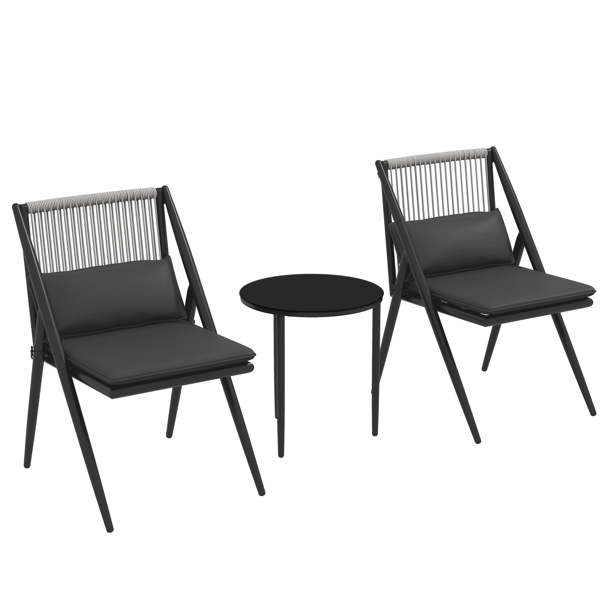 Garden Bistro Set, 3-Piece Bistro Set 2 Chairs with Cushions + Round Coffee Table with Tempered Glass Top Grey Aluminum Frame