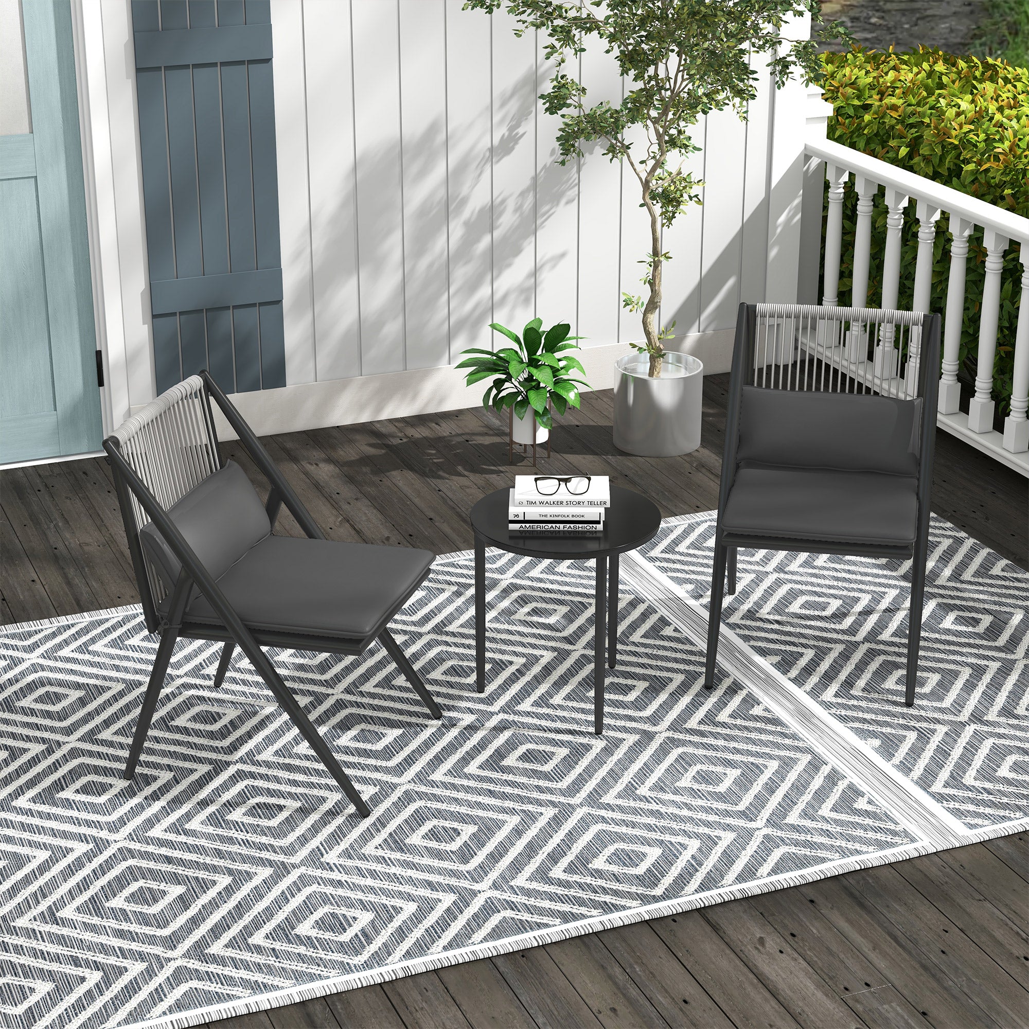 Garden Bistro Set, 3-Piece Bistro Set 2 Chairs with Cushions + Round Coffee Table with Tempered Glass Top Grey Aluminum Frame