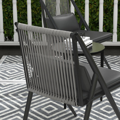 Garden Bistro Set, 3-Piece Bistro Set 2 Chairs with Cushions + Round Coffee Table with Tempered Glass Top Grey Aluminum Frame