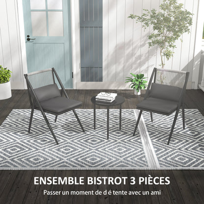 Garden Bistro Set, 3-Piece Bistro Set 2 Chairs with Cushions + Round Coffee Table with Tempered Glass Top Grey Aluminum Frame