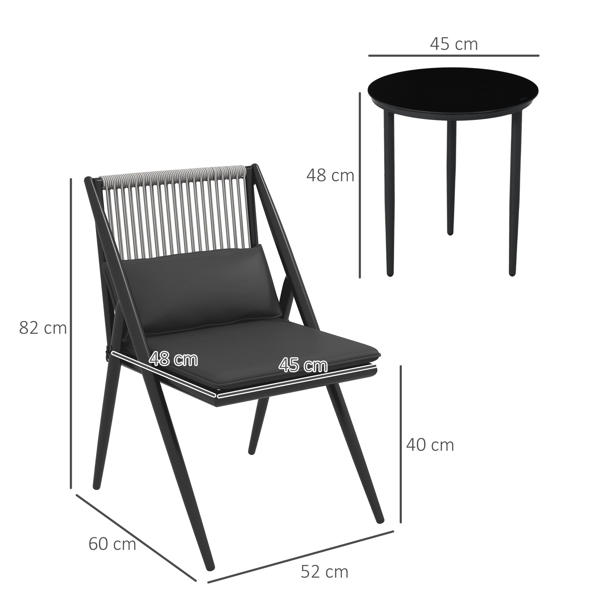 Garden Bistro Set, 3-Piece Bistro Set 2 Chairs with Cushions + Round Coffee Table with Tempered Glass Top Grey Aluminum Frame
