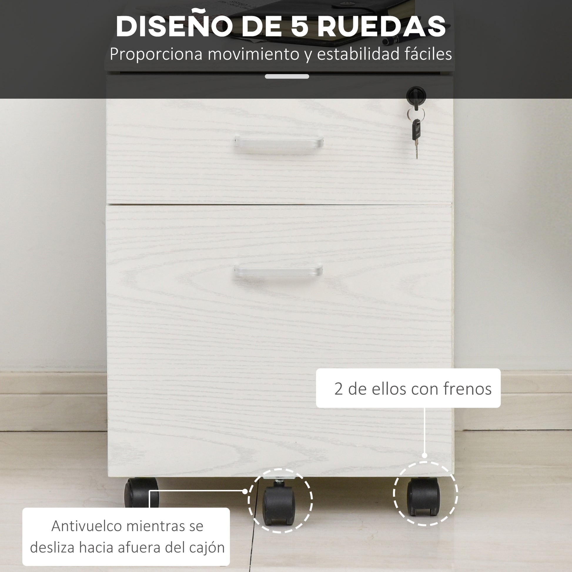 Mobile Filing Cabinet for A4 Files with Wheels Hanging File Cabinet with 2 Drawers and Lock 40x45x55.6 cm White