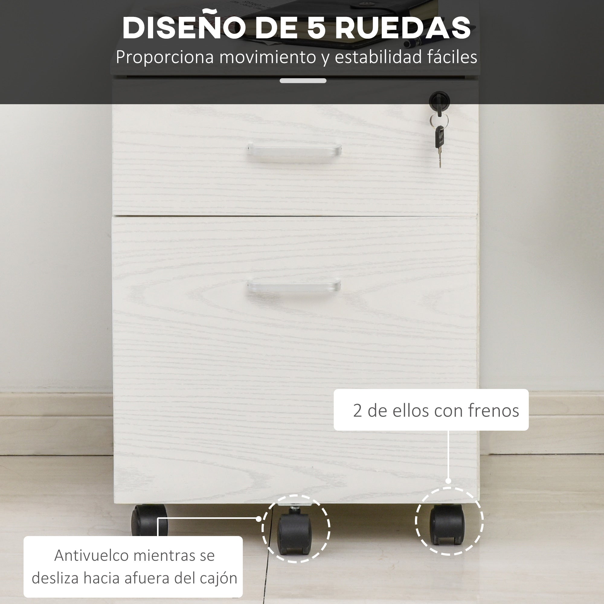 Mobile Filing Cabinet for A4 Files with Wheels Hanging File Cabinet with 2 Drawers and Lock 40x45x55.6 cm White