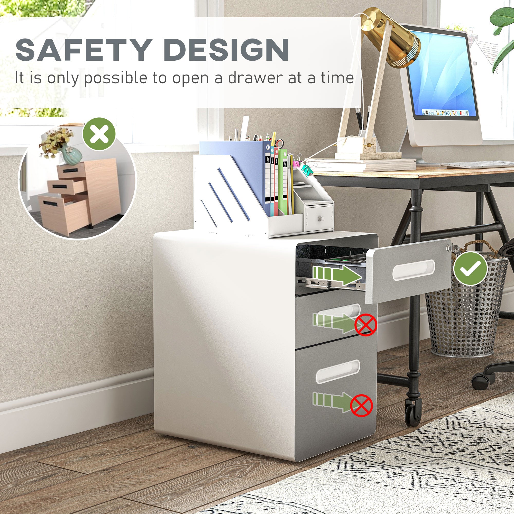 Rolling Container, Mobile Filing Cabinet with 3 Drawers, Lockable Office Cabinet with Hanging File Folder, Storage, Steel, 39 x 48 x 59 cm Light Gray