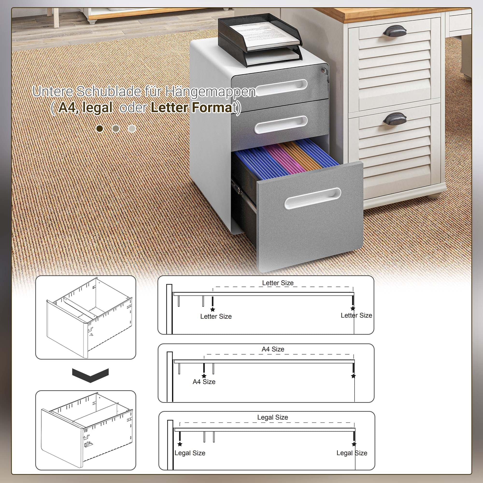 Rolling Container, Mobile Filing Cabinet with 3 Drawers, Lockable Office Cabinet with Hanging File Folder, Storage, Steel, 39 x 48 x 59 cm Light Gray