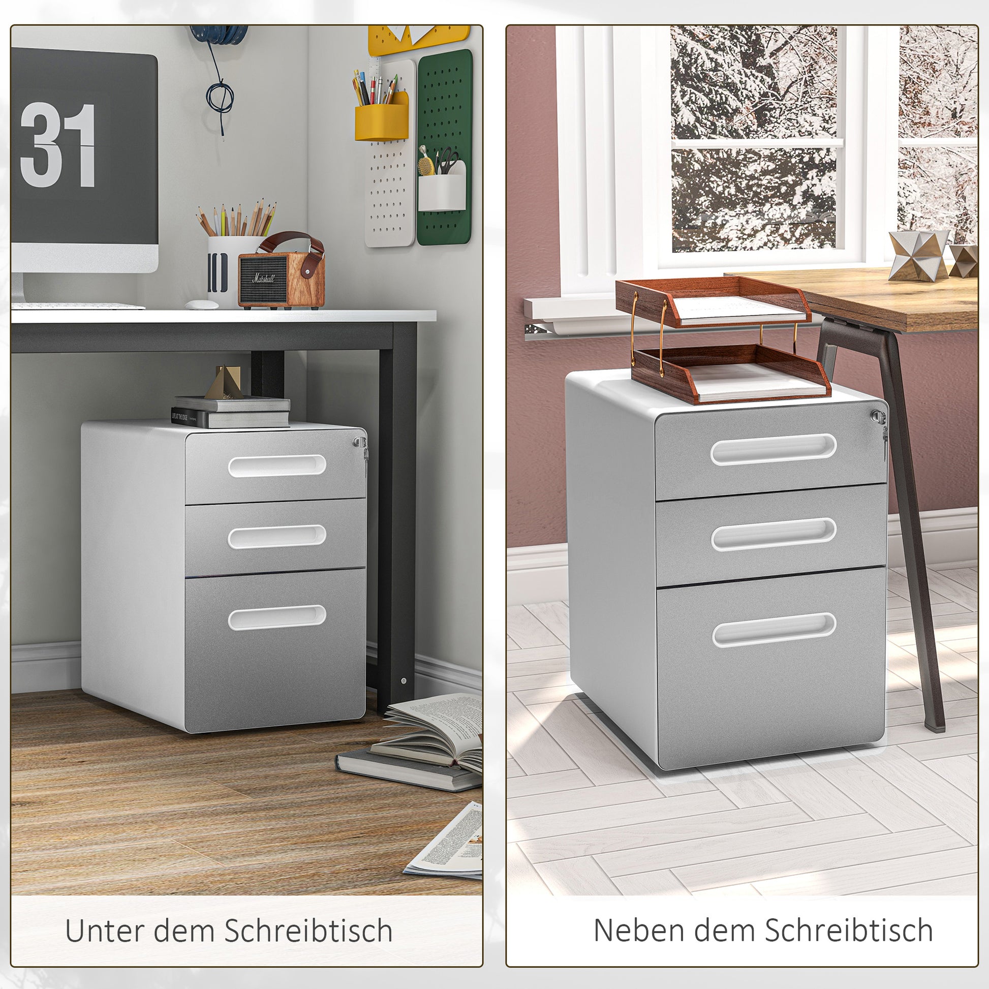 Rolling Container, Mobile Filing Cabinet with 3 Drawers, Lockable Office Cabinet with Hanging File Folder, Storage, Steel, 39 x 48 x 59 cm Light Gray