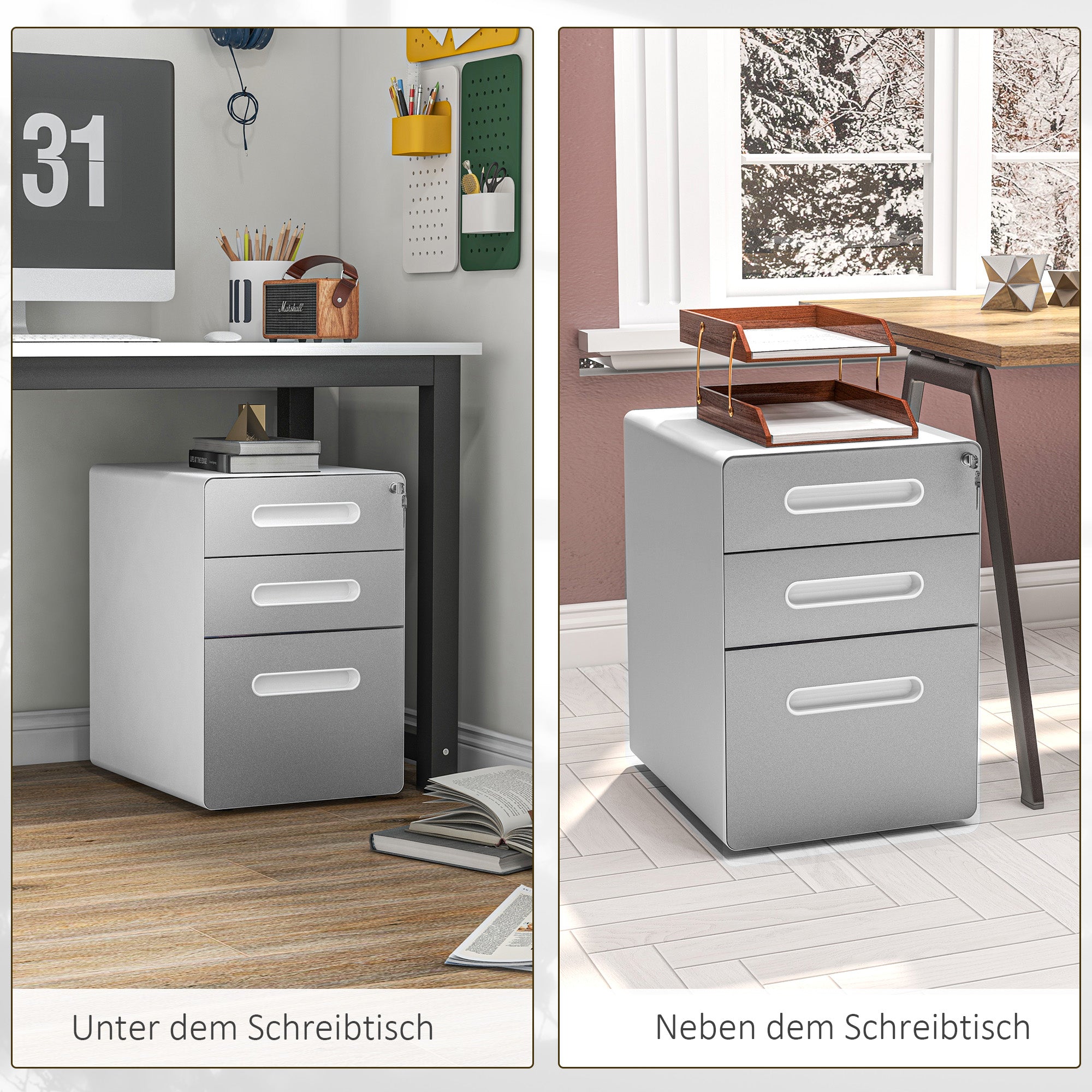 Rolling Container, Mobile Filing Cabinet with 3 Drawers, Lockable Office Cabinet with Hanging File Folder, Storage, Steel, 39 x 48 x 59 cm Light Gray