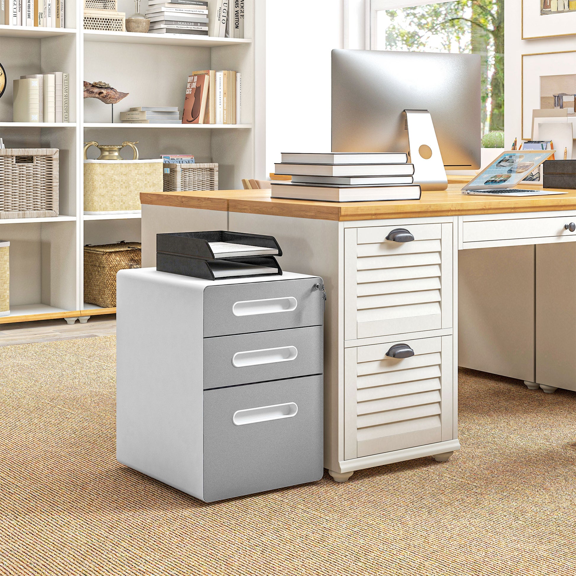 Rolling Container, Mobile Filing Cabinet with 3 Drawers, Lockable Office Cabinet with Hanging File Folder, Storage, Steel, 39 x 48 x 59 cm Light Gray