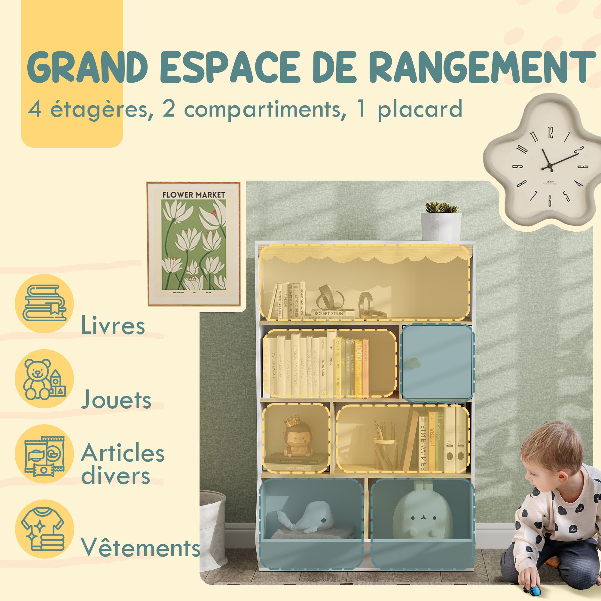 Children's Bookshelf Kids Storage Bookcase Toy Storage with 4 Shelves, 2 Compartments and Cupboard, Children's Room Shelf for Playroom, Kids Bedroom, Nursery, White