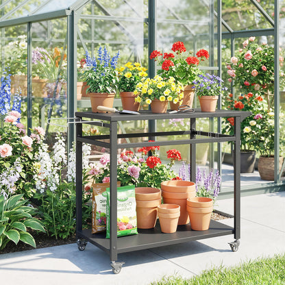 Outdoor BBQ Cart with 2 Metal Shelves, Outdoor Kitchen Table with Wheels, Handle, Trash Bag Holder & Hooks, 113 x 50.5 x 88 cm (44.5 x 19.9 x 34.6 in), Black