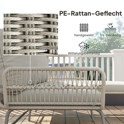 3-Piece PE Rattan Outdoor Lounge Set — 2-Seater Sofa with Chaise & Glass Coffee Table, Removable Cushions, Seats 3 (Light Gray)