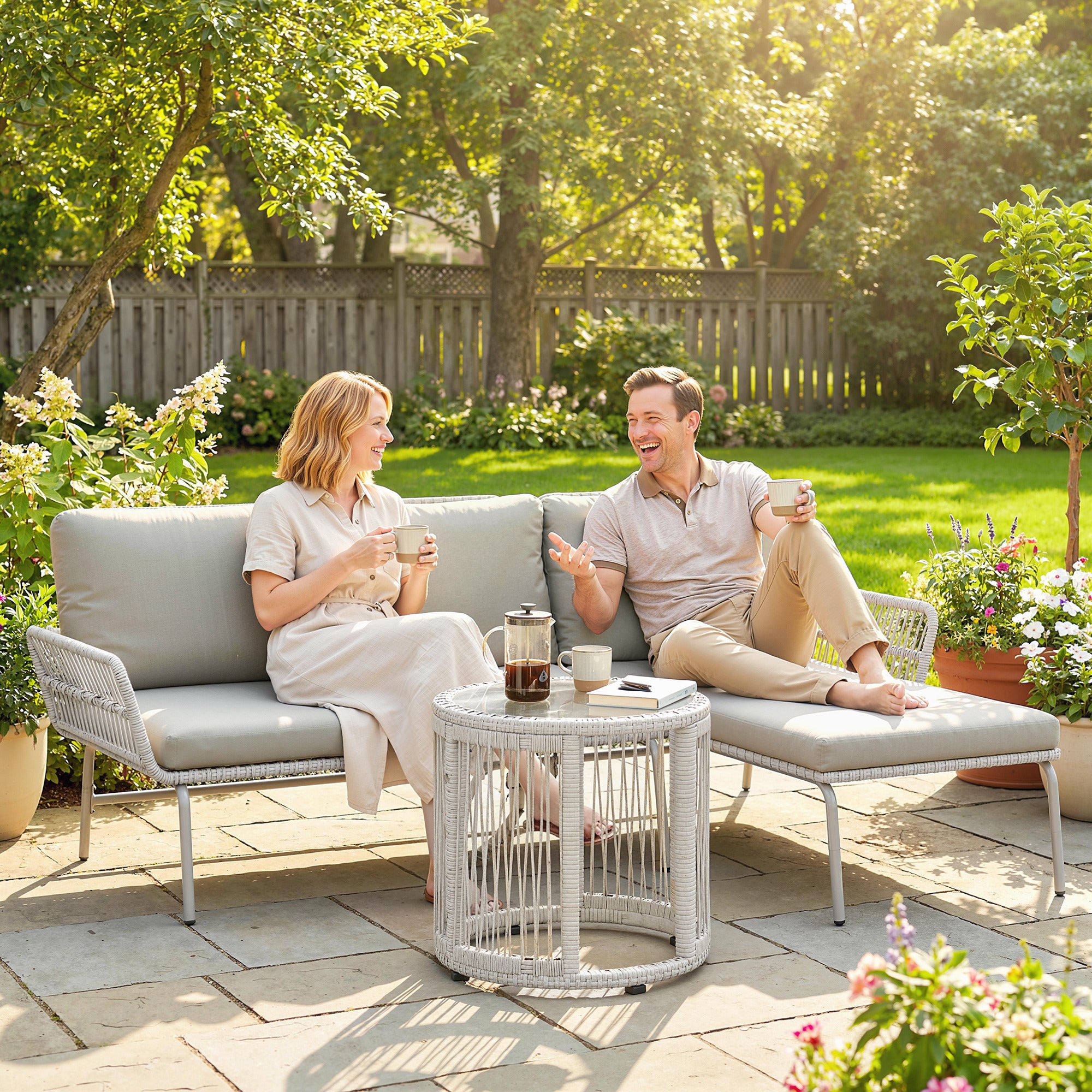 3-Piece PE Rattan Outdoor Lounge Set — 2-Seater Sofa with Chaise & Glass Coffee Table, Removable Cushions, Seats 3 (Light Gray)