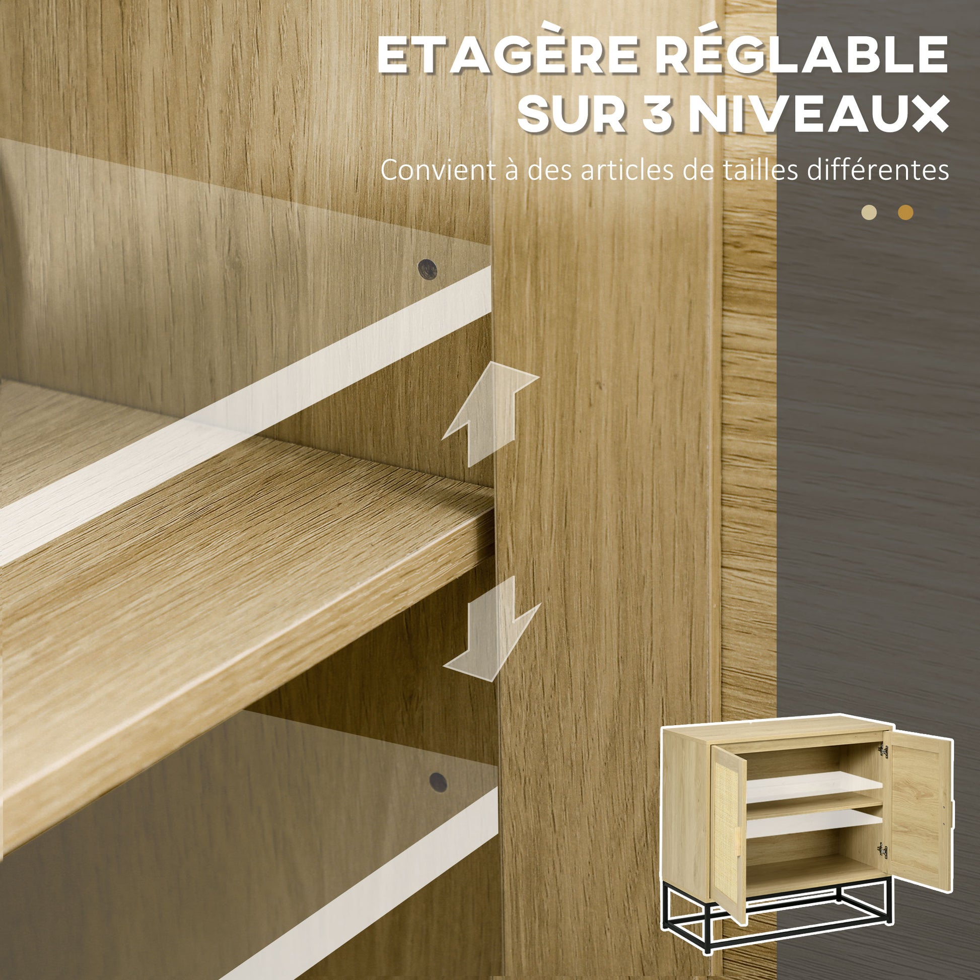Low buffet storage cabinet in bohemian style with 2 woven rattan doors - adjustable height shelf - 80 x 40 x 80 cm natural wood