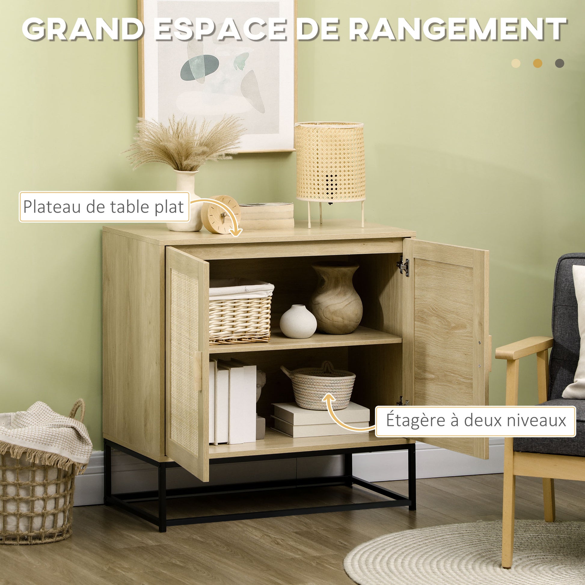 Low buffet storage cabinet in bohemian style with 2 woven rattan doors - adjustable height shelf - 80 x 40 x 80 cm natural wood