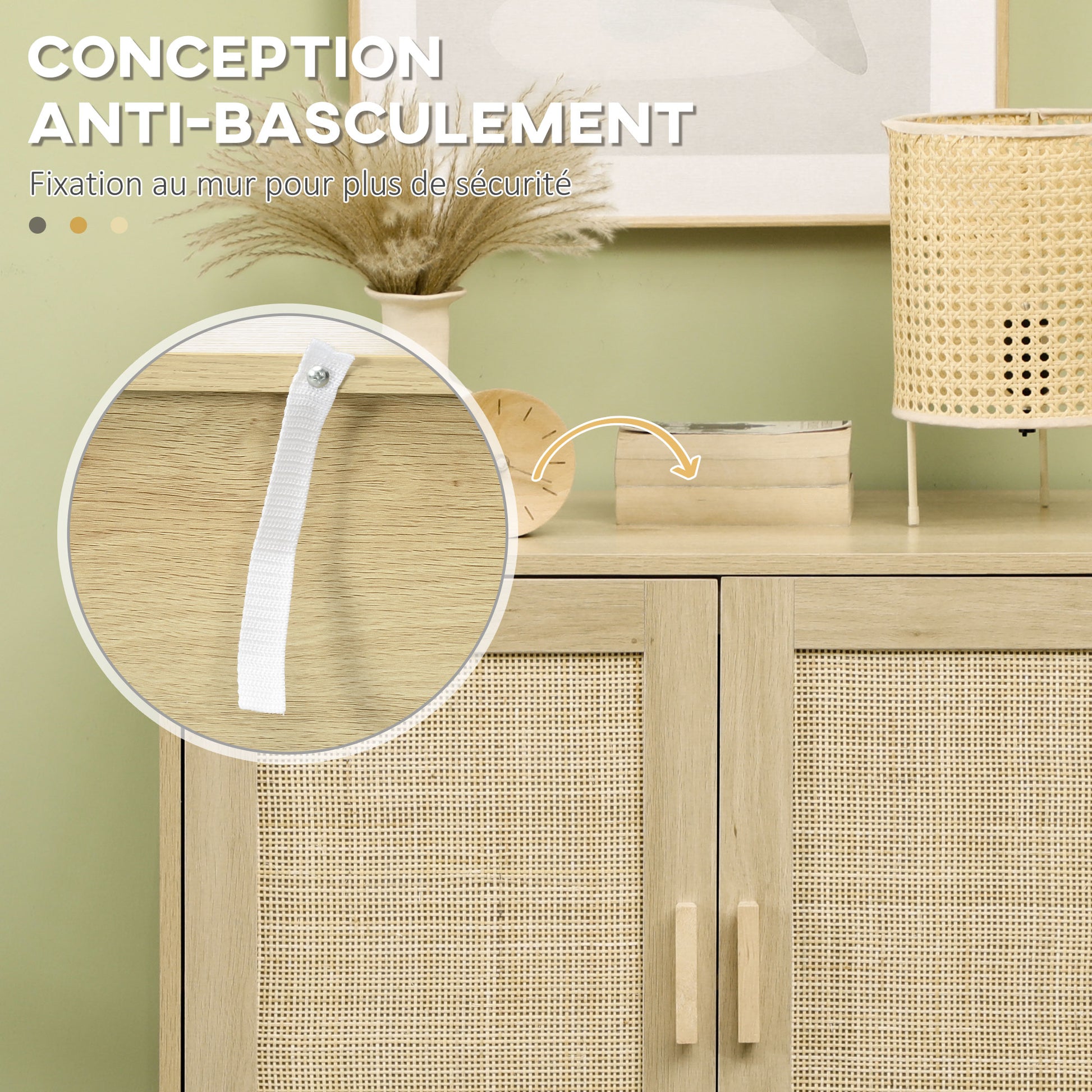 Low buffet storage cabinet in bohemian style with 2 woven rattan doors - adjustable height shelf - 80 x 40 x 80 cm natural wood