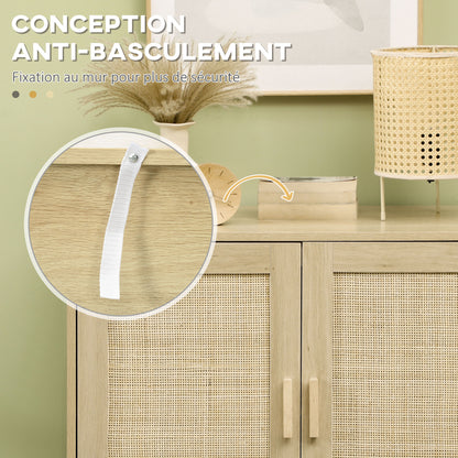 Low buffet storage cabinet in bohemian style with 2 woven rattan doors - adjustable height shelf - 80 x 40 x 80 cm natural wood